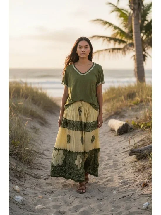Veranesi Long Maxi Skirt & Top Set Large Green Pleated Flowy Floral Boho Gypsy