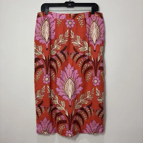 Sundance 100% Linen Pink Floral Midi Skirt P14 Pencil Paisley Lined Boho Beach