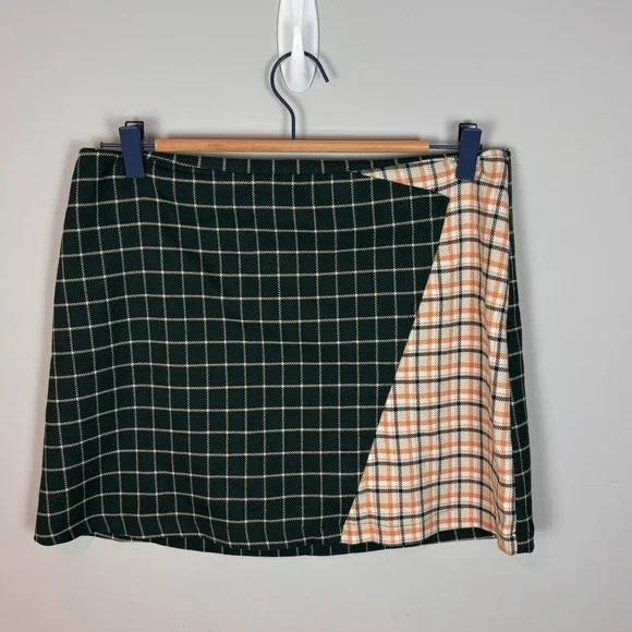 Urban Outfitters Womens Green Plaid‎ Patchwork Mini Skirt Academia Size MED 90's