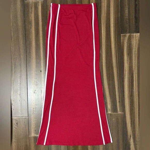 Y2K Sz S Red White Stripe Maxi Skirt Stretchy Bodycon Elastic Waist Fall Preppy