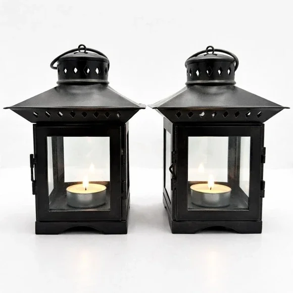 Pottery Barn Lantern Set Garden Tealight Metal Glass Aires Blackened Square