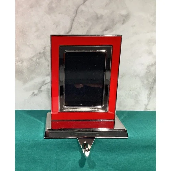 Pottery Barn Red Grosgrain Picture Photo Frame Stocking Holders Silver Nickel