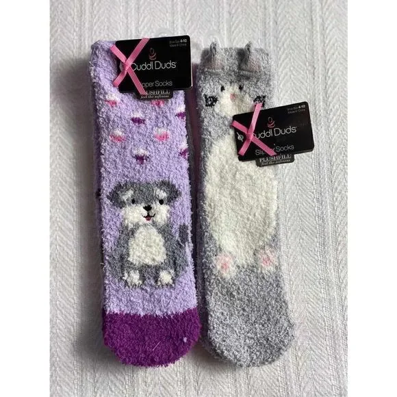 Cuddl Duds Girls Shoe Size 4-10 Lounge Crew Slipper Socks Total 4 Pr
