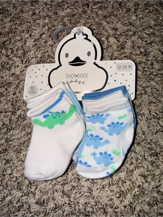Duck Duck Goose 10-Pack Baby Socks (12-24M) - White with Blue & Green Prints