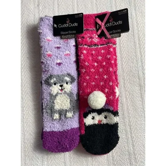 Cuddl Duds Girls Shoe Size 4-10 Lounge Crew Slipper Socks Total 4 Pr
