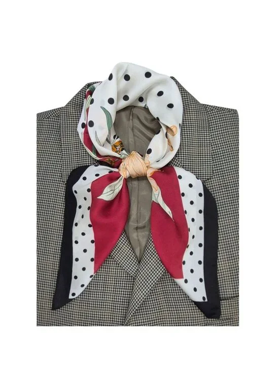 ⭐Luxurious Silky Floral Polka Dot Square Scarf White Black Vintage-Inspired New⭐