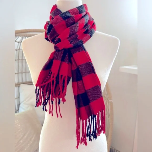 Buffalo Plaid Red Black Cashmere‎ Blend Scarf Men’s Winter Fringe