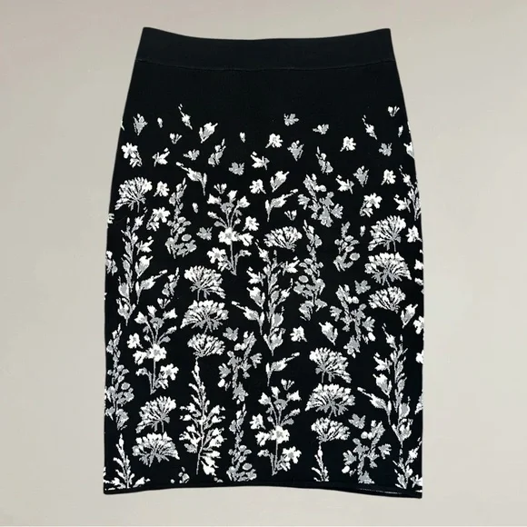 BCBGMaxAzria Floral Black and White Knee Length Skirt- Size Small