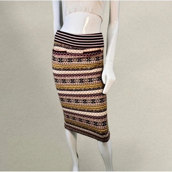 Japanese Knit Patterned Fold‎ Over Midi Skirt Small