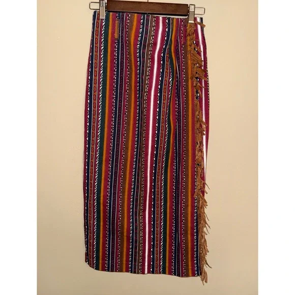 Vintage South western wrap stripe Maxi Skirt Fringe back Slit sz3 Boho  Cowgirl