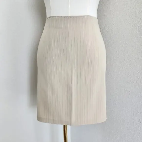 Vintage Y2K Cream Tan Pinstripe High Waisted Mini Pencil Skirt Back Zip 10