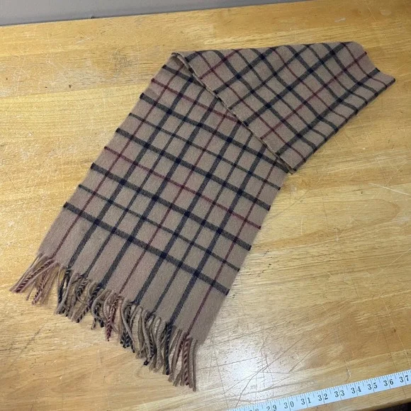 Vtg Brooks Brothers 346 Lambswool Scarf Made in Scotland Plaid Tan Navy Preppy