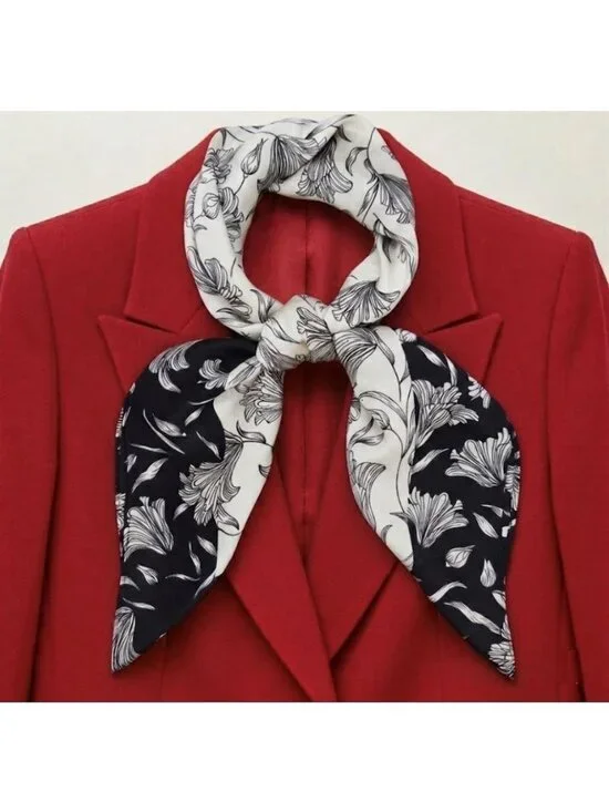 ✨Elegant Bandana Square Scarf Silky Satin Soft BLACK WHITE Floral Garden hijab