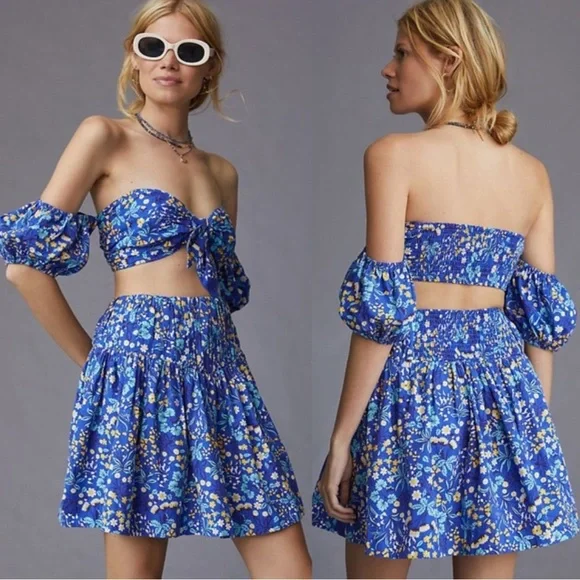 Maeve Anthropologie Blue Floral Puff Sleeve Top and Skirt Set Size L NWT $160