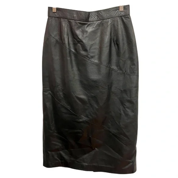 Vintage 80s-90s Sienna New York 100% Leather Seamed Midi Skirt size 10