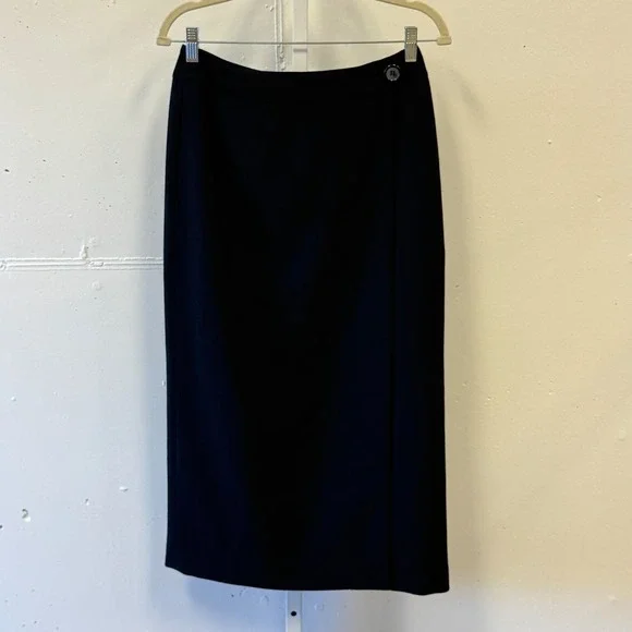 Vintage Anne Klein 100% Pure Wool Wrap Pencil Skirt Midi Made in USA Size 10 Blk