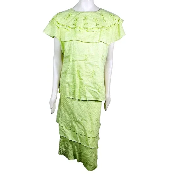 Danny Roberts‎ Linen 2 Piece Set L Lime Green Embroidered Boho Cottagecore 90s