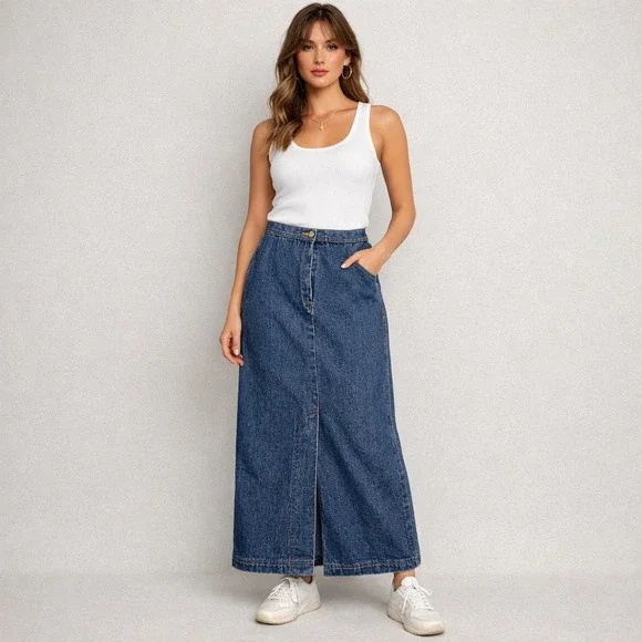 Indygo Denim Maxi Skirt Womens 11/12 Blue High Waist Long YKK Zip Pockets‎ 90s