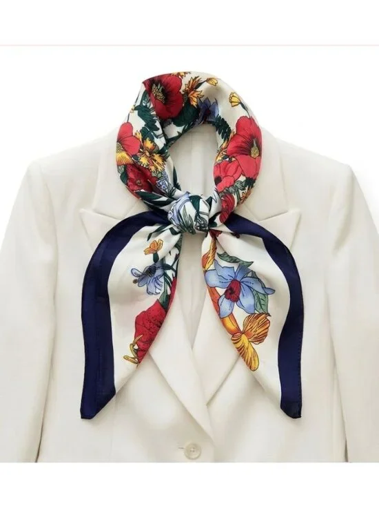New Elegant Bandana Square Silky Scarf BLACK Flowers Garden Versatile Shawl Wrap