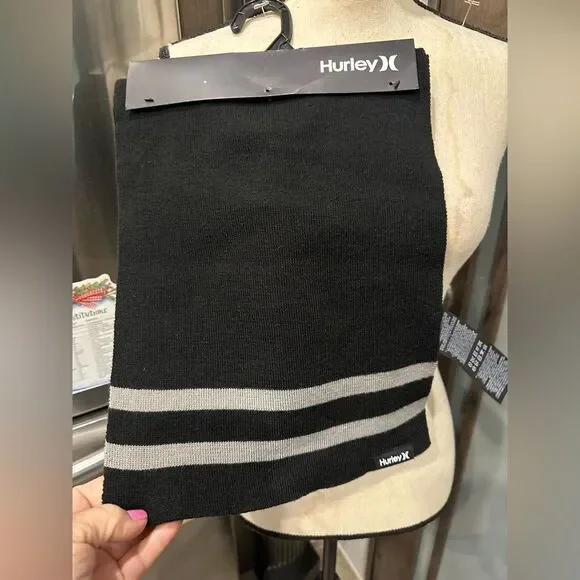 NWT Hurley Black Scarf with Gray Stripes