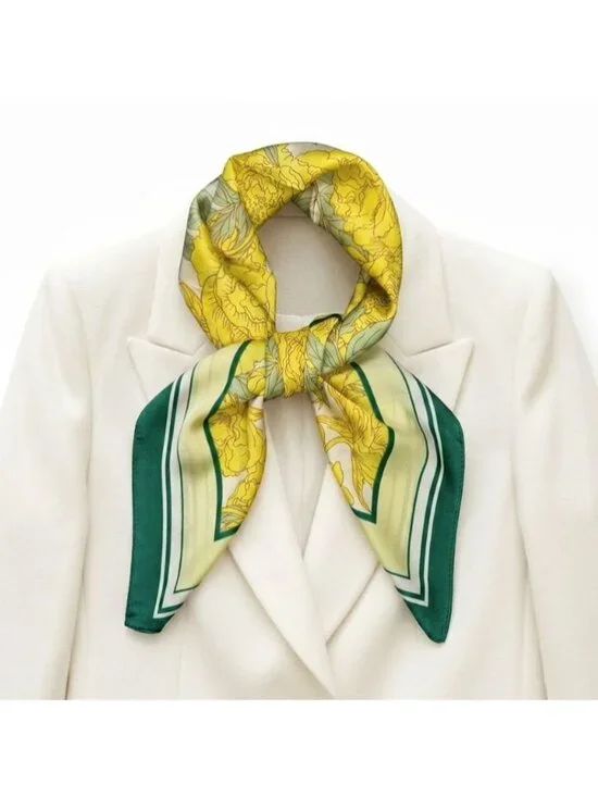 ✨Luxury Elegant Silky Square Scarf Yellow Green Peony Floral Garden Botanical