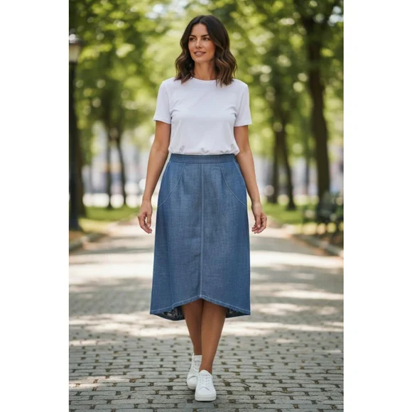 LAVANTINO Blue Denim Midi Skirt with White Stitching Size 12