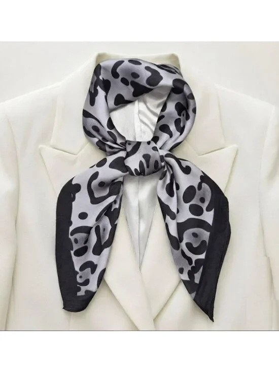 Elegant Grey Leopard Print Silky Satin Square Scarf Fashion Neck Wrap Accessory