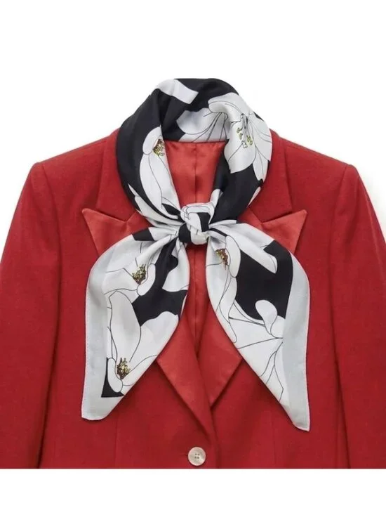 Luxurious Chic Silky Square Scarf Soft Black White Magnolia Floral Print Bandana