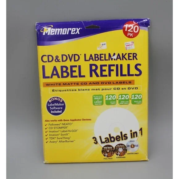 Memorex CD and DVD Labelmaker Label Refills 120 Pack White Matte  3 in 1 NOS