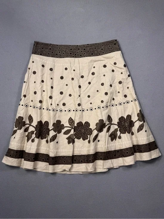 Liz Claiborne Vintage Cottagecore Fairy,Cream A-Line Skirt,Brown Floral Trim, 14