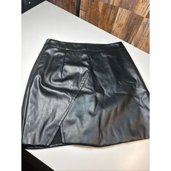 Womens Black Faux Leather Mini Skirt Small Wrap Front Asymmetrical Hem