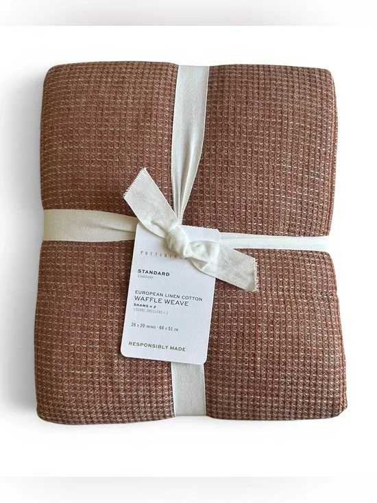 Pottery Barn European Linen Cotton Waffle Weave Standard Shams Set 2 NWT