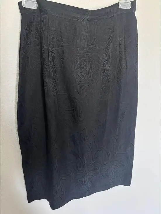 Vintage 100% Silk Black Paisley Midi Skirt Size 10 Minimalist Y2K Office Siren