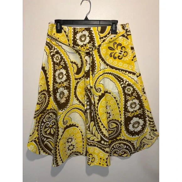 Talbots Petites Paisley A-Line Full Skirt Brown Yellow Side Zipper Pockets SZ 8P