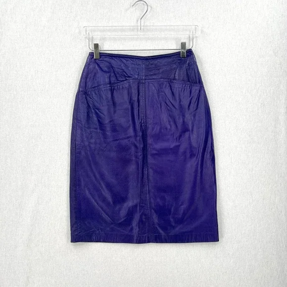 BAGATELLE Vintage 80’s Leather Pencil Skirt Womens 10 Purple Knee Length Pockets