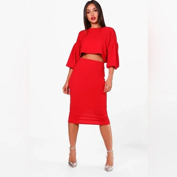 Puff Ball sleeve top & Midi skirt set