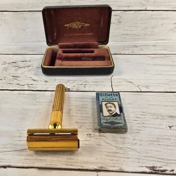 Vintage Gillette Gold Safety Razor TTO with Case and Blue Blades