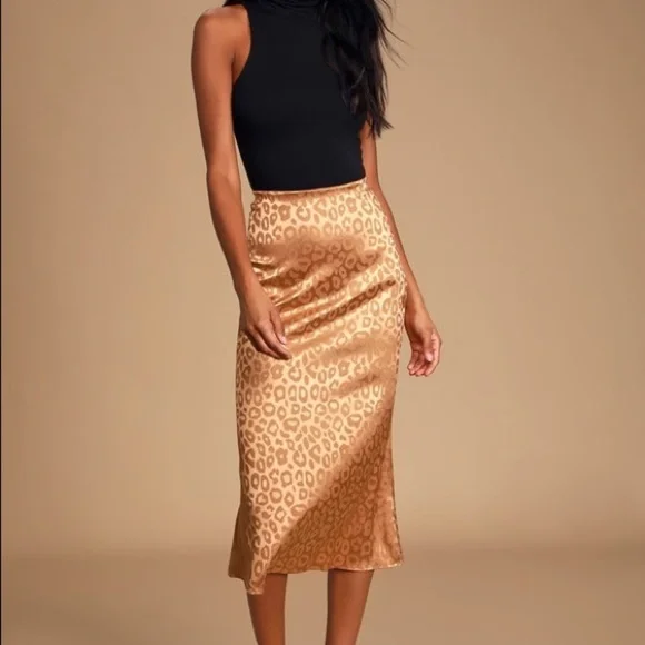JOA Light Brown Leopard Satin Midi Skirt