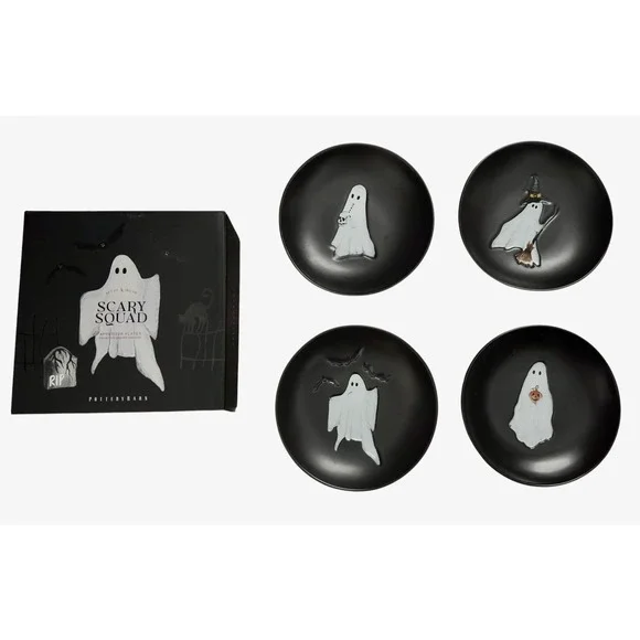 Pottery Barn Scary Squad Halloween Ghost Appetizer Plates Set of 4 Ceramic