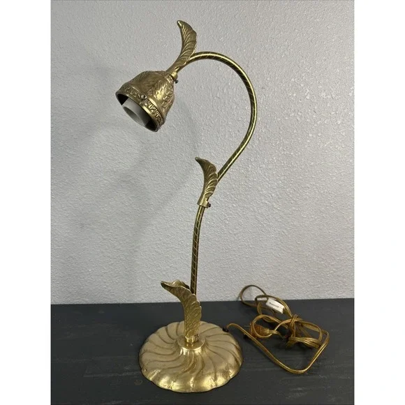 Vintage Brass Casted Metal‎ Gooseneck Electric Table Lamp Leaves Leaf Design 19