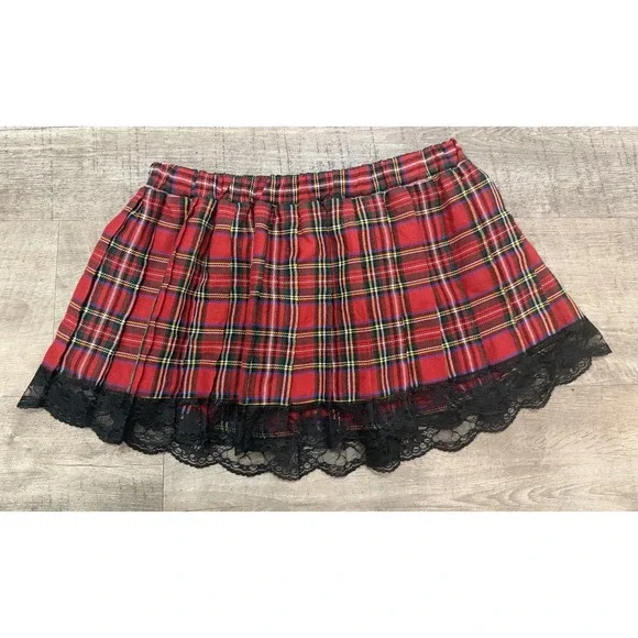 Y2K Womens Lingerie Red Black Plaid Lace Mini Skirt Grunge
