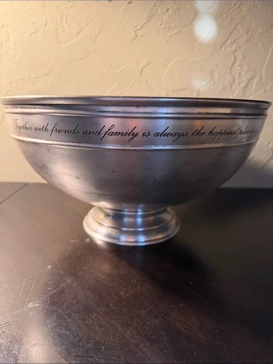 Discontinued Pottery Barn Large Antique Silver Engraved Sentiment Bowl