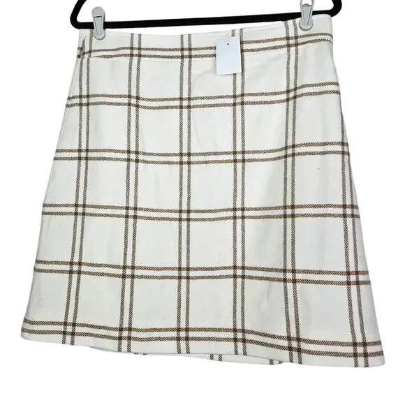 NEW J.Crew 10 Ivory Brown Windowpane Check Plaid Wool A Line Skirt Classic