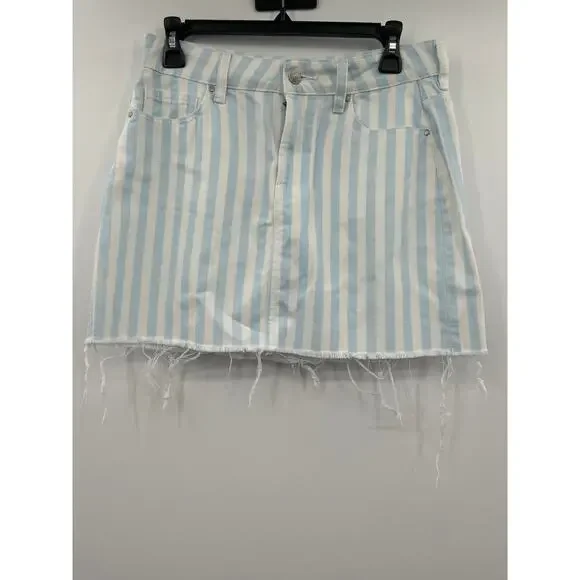 PacSun Striped Denim Mini Skirt Size 27 Blue White 100% Cotton Raw Hem Beachy