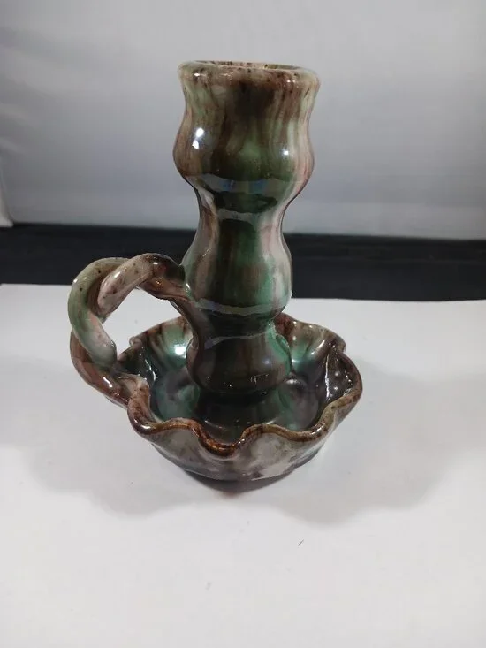 WILLIAMSBURG Handmade Drip Glaze Pottery Chamber Candle Candlestick Holder