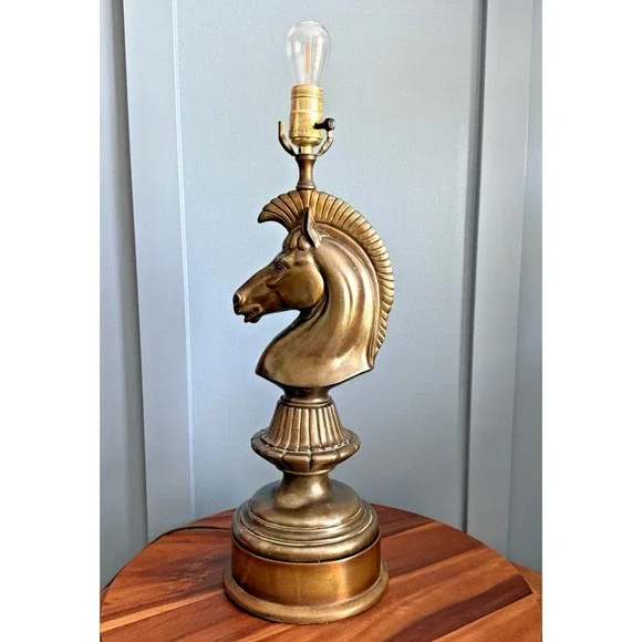 Vintage Brass Horse Head Bust Lamp Equestrian Hollywood Regency Chess Knight 21