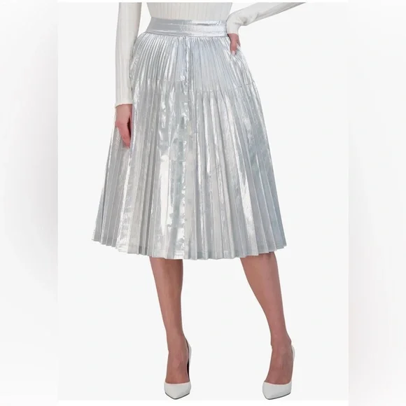BCBGMAXAZRIA Silver Metallic Lame Pleated a Line Midi Skirt NWT