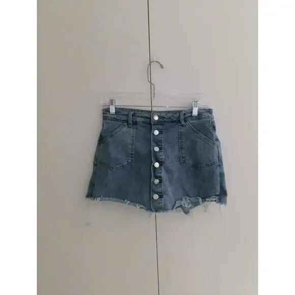 Denim Button-Front Mini Skort in Light Blue