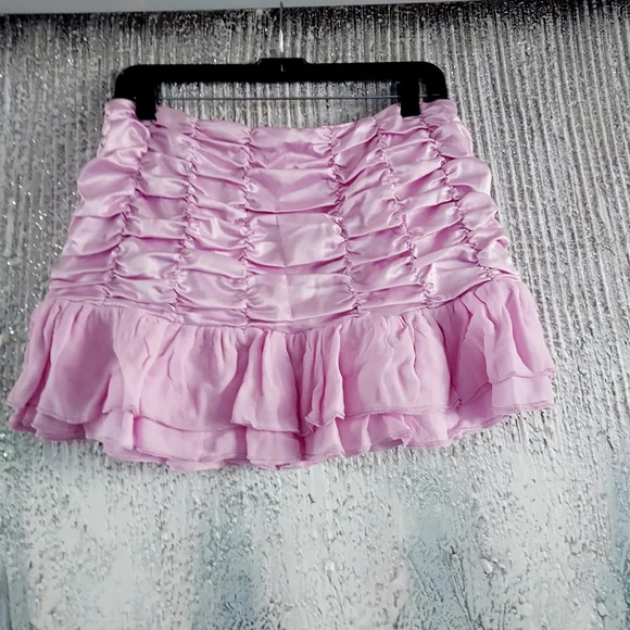 Maeve Pink/rose Chiffon Smocked Ruffle Satin Mini Skirt Sz-M