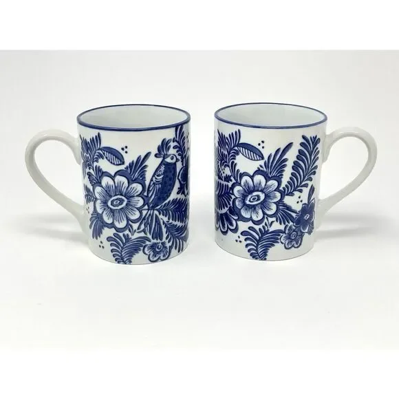 Pottery Barn Elsie Mugs Coffee Cup Blue White Bird Discontinued Rare Set Of 2